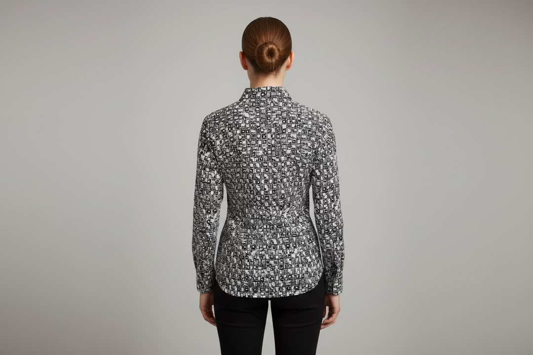 SanSoleil Womens Long Sleeve Pattern Print Zip Polo - Black/White