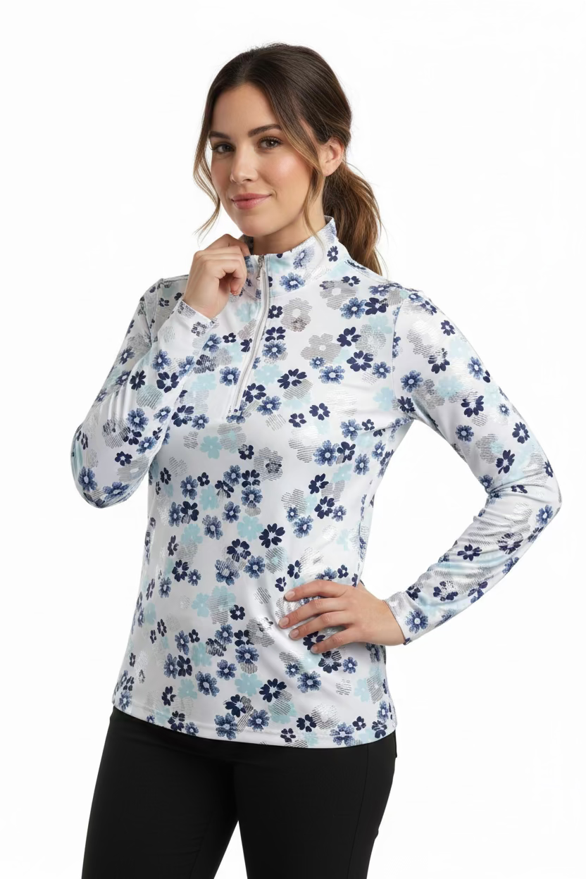 SanSoleil Womens Long Sleeve Flower Foil Zip Mock - White/Silver/Blue