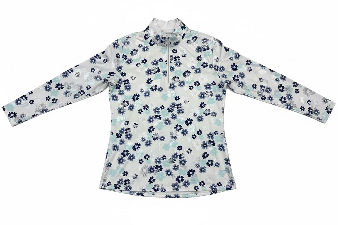 SanSoleil Womens Long Sleeve Flower Foil Zip Mock - White/Silver/Blue