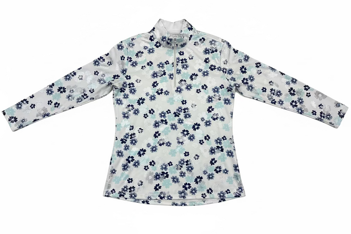 SanSoleil Womens Long Sleeve Flower Foil Zip Mock - White/Silver/Blue