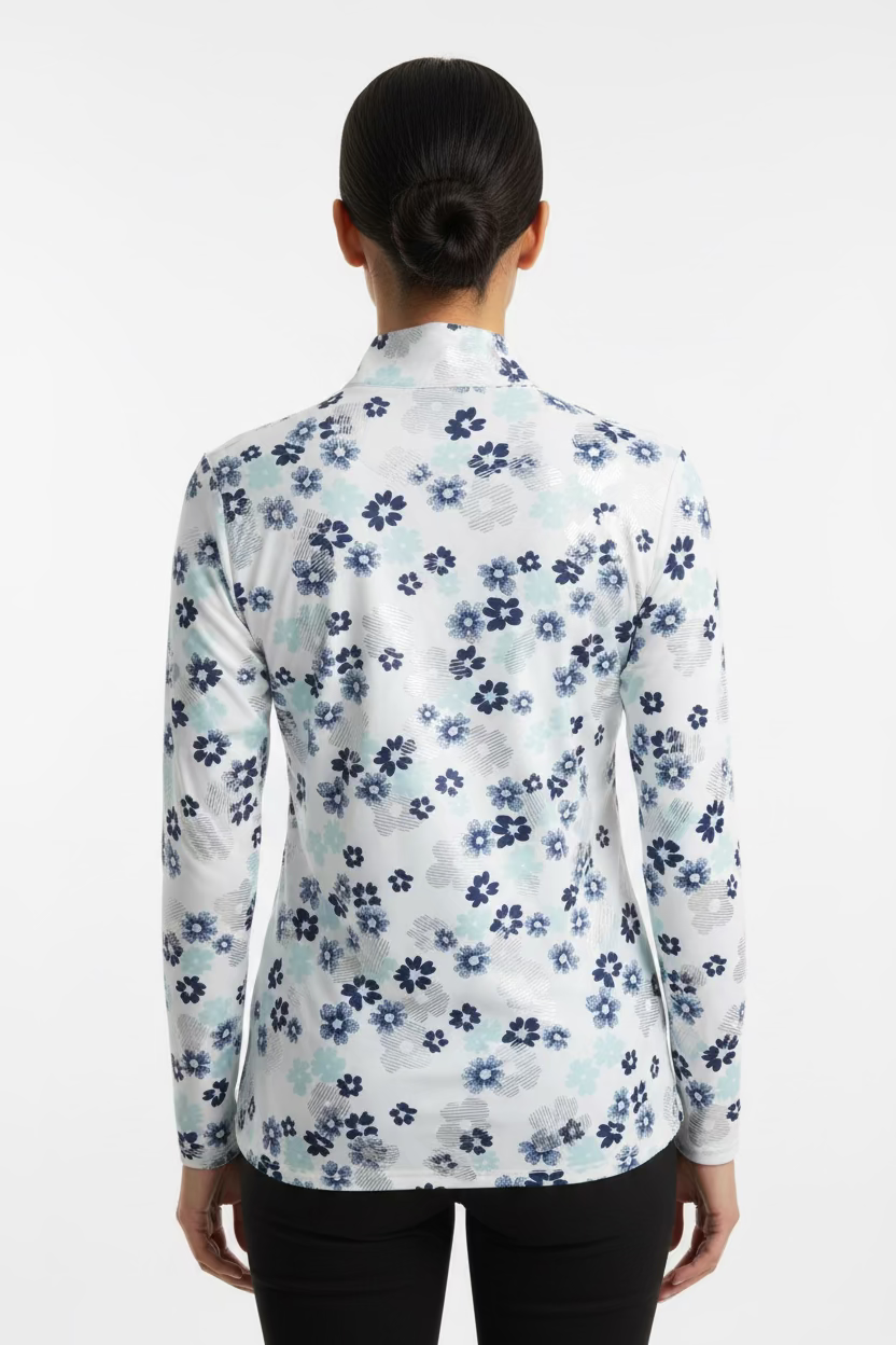 SanSoleil Womens Long Sleeve Flower Foil Zip Mock - White/Silver/Blue