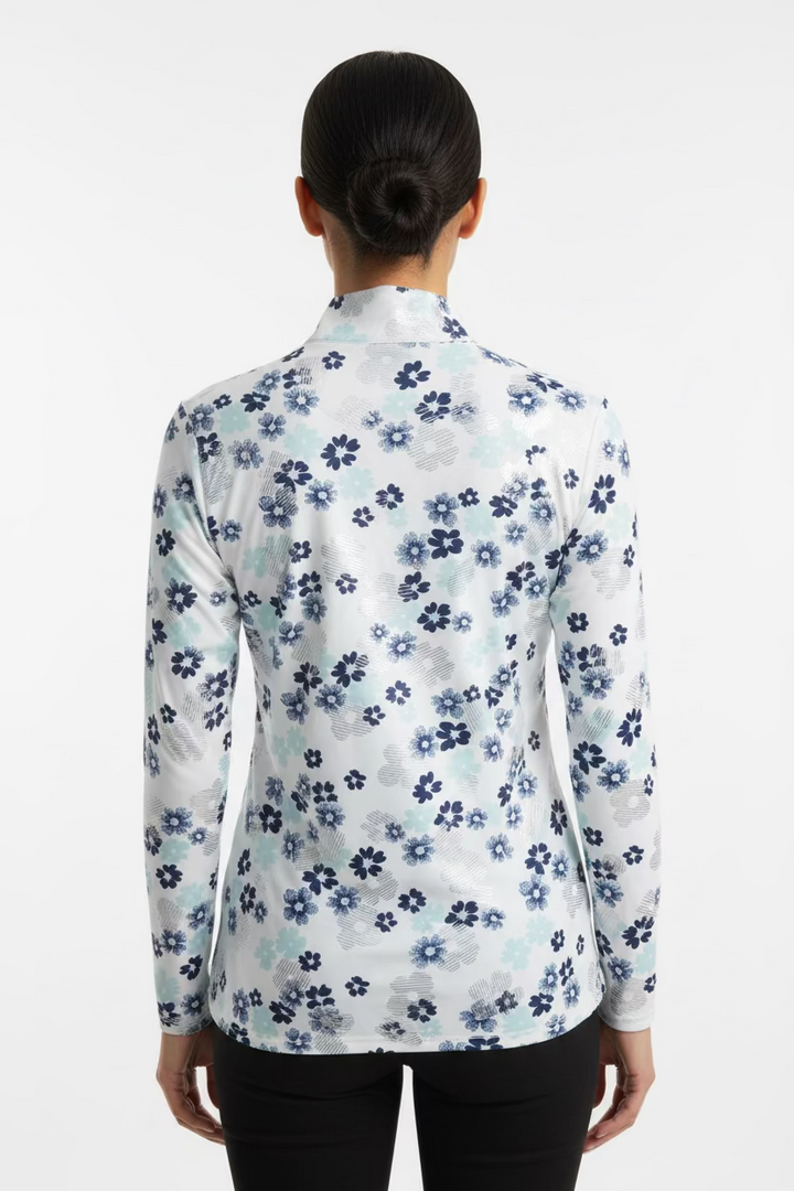 SanSoleil Womens Long Sleeve Flower Foil Zip Mock - White/Silver/Blue