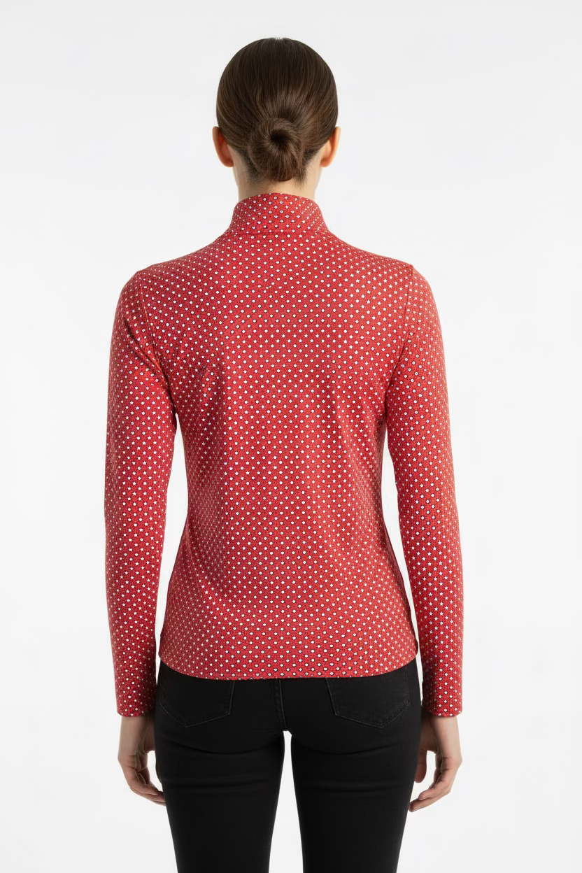 SanSoleil Womens Long Sleeve Diamond Pattern Zip Mock - Red/Multi