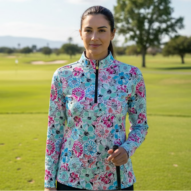 SanSoleil Womens Long Sleeve Wild Flower Zip Mock - White/Multicolored