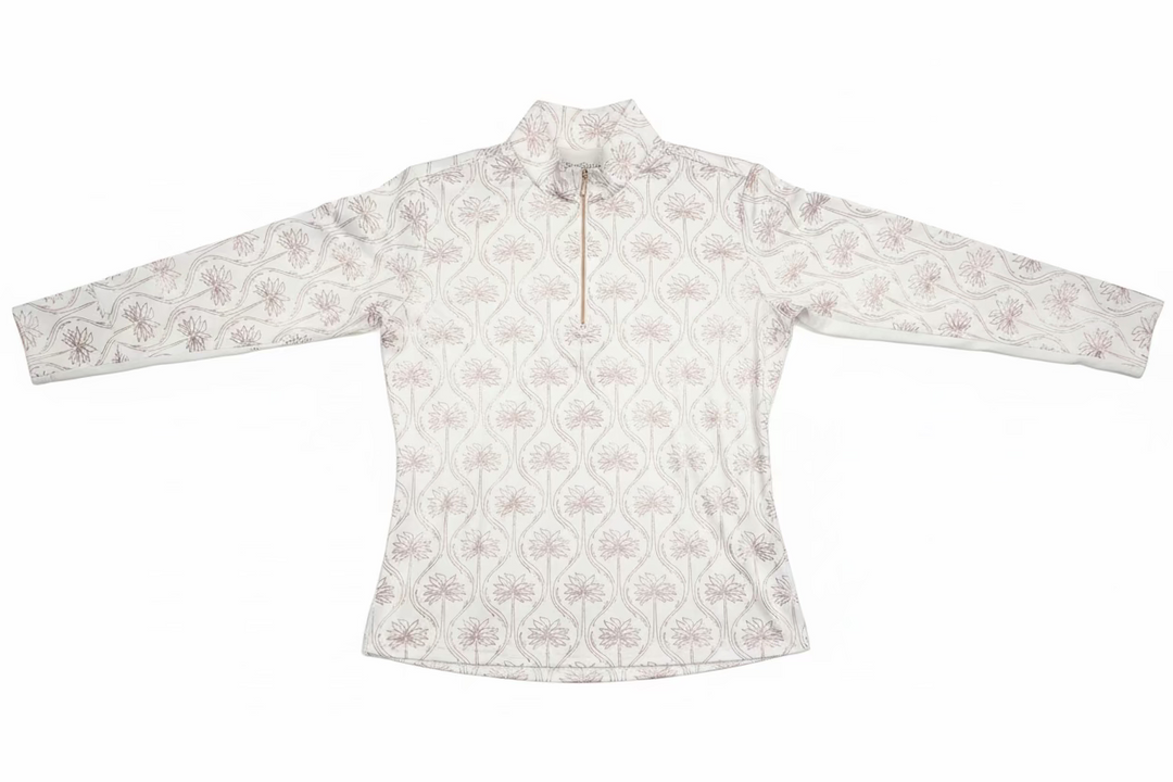 SanSoleil Womens Long Sleeve Foil Print Mock Top - Mirage White/Rose Gold