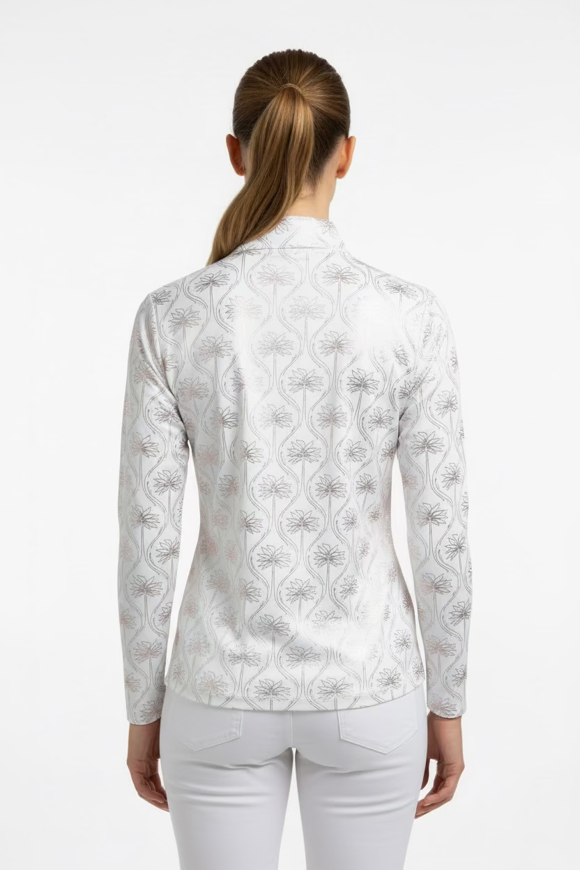 SanSoleil Womens Long Sleeve Foil Print Mock Top - Mirage White/Rose Gold