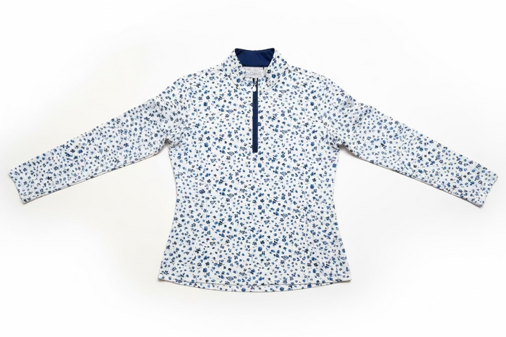 SanSoleil Womens Long Sleeve Floral Zip Print Mock - Grassland Blue