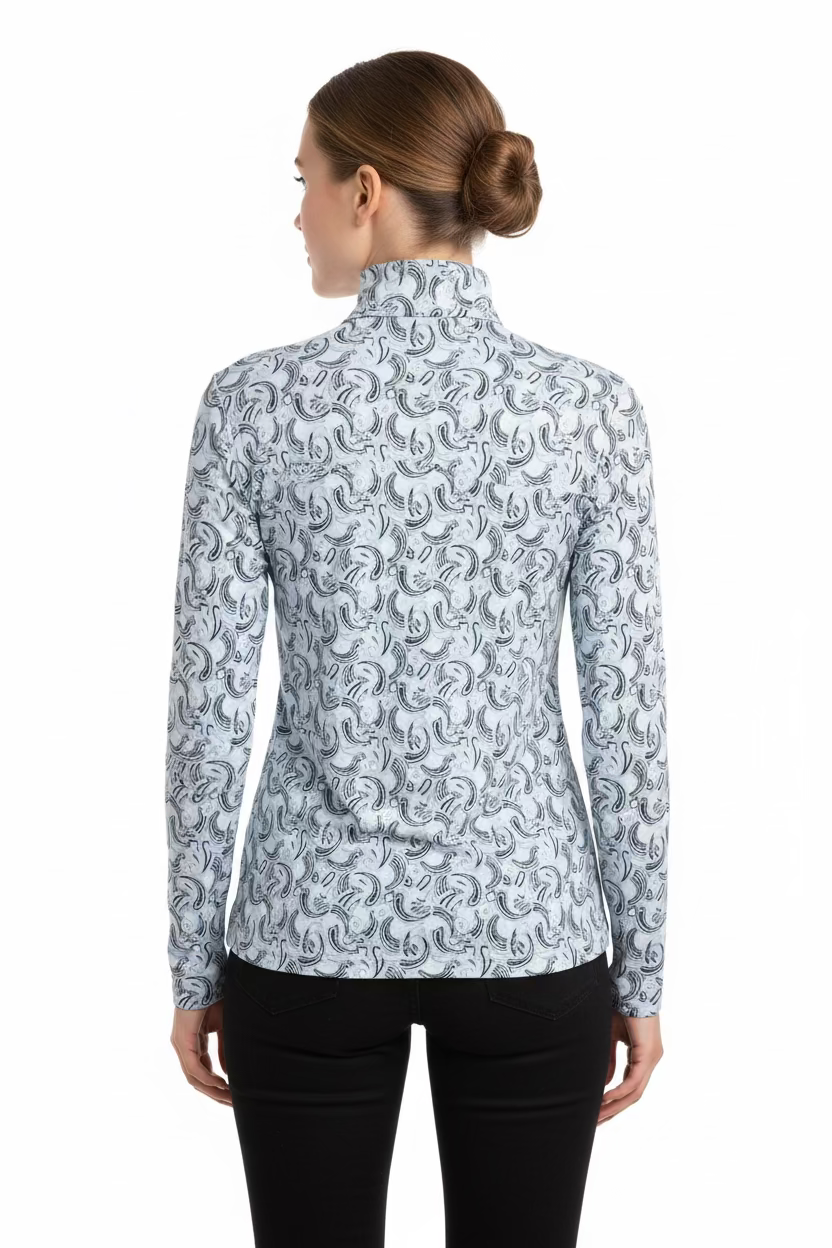 SanSoleil Womens Long Sleeve Paisley Zip Mock - Pale Blue/Multi