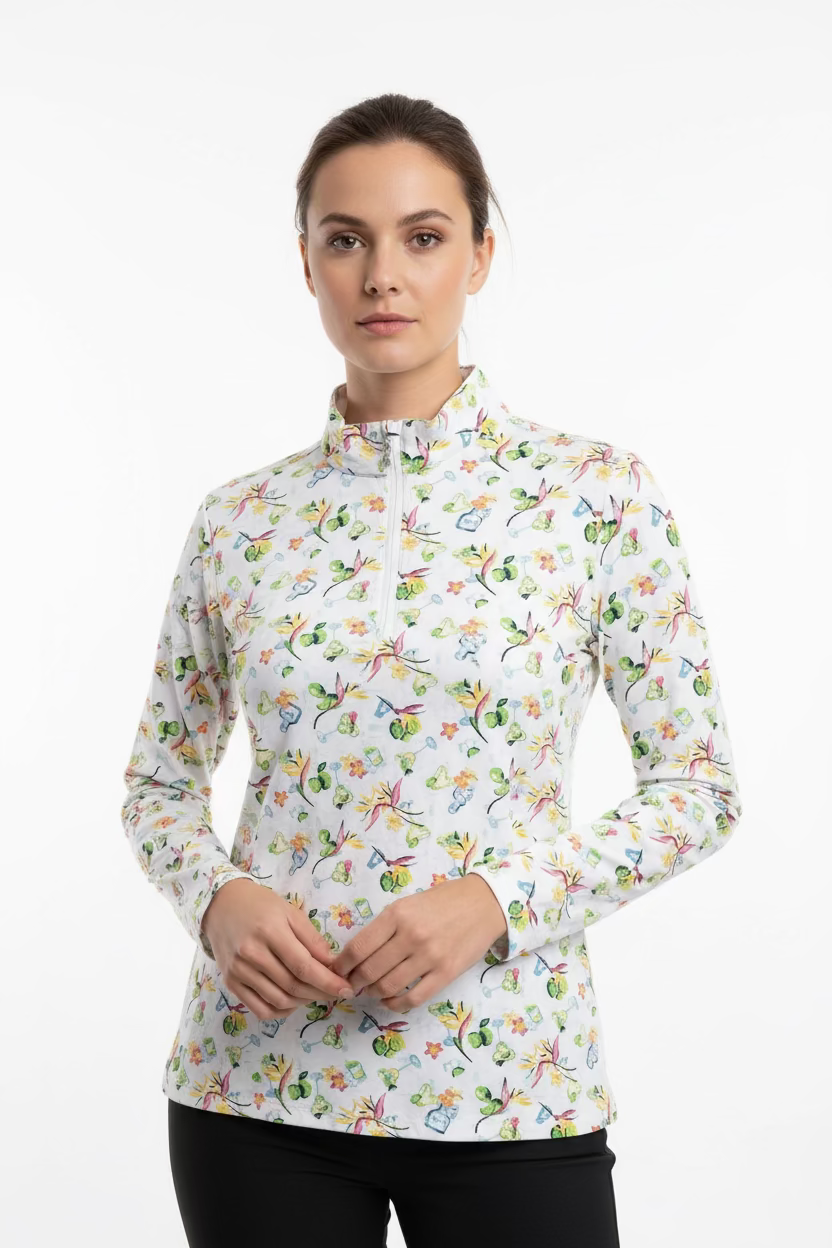 SanSoleil Womens Long Sleeve Margarita Zip Mock -White/Multi