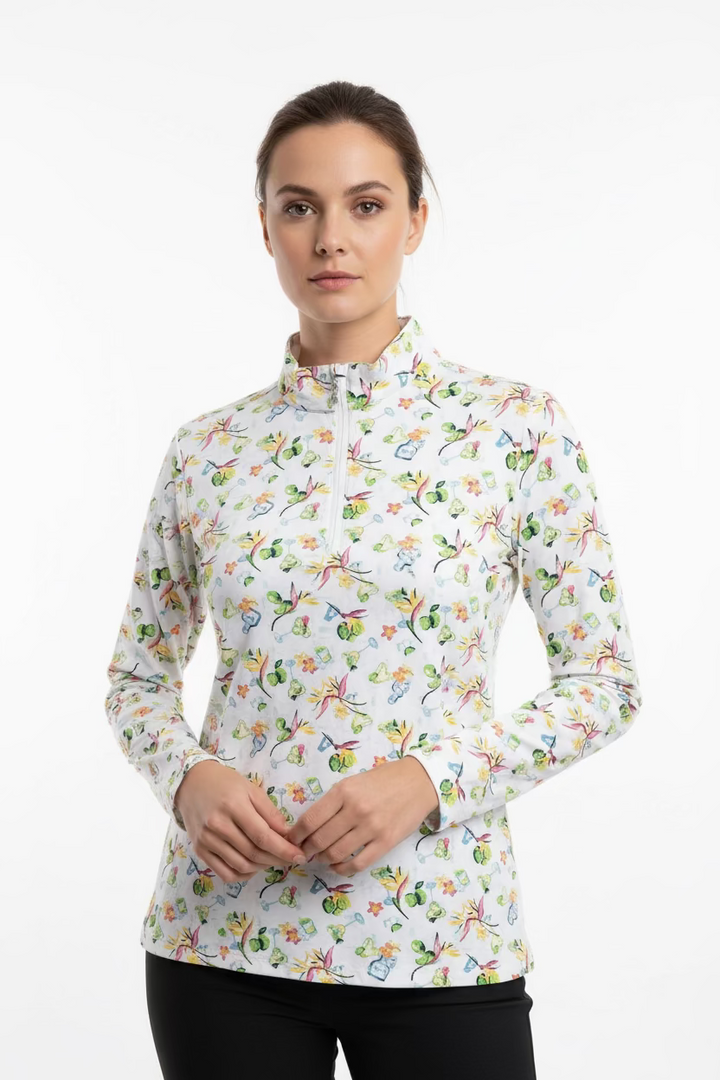 SanSoleil Womens Long Sleeve Margarita Zip Mock -White/Multi