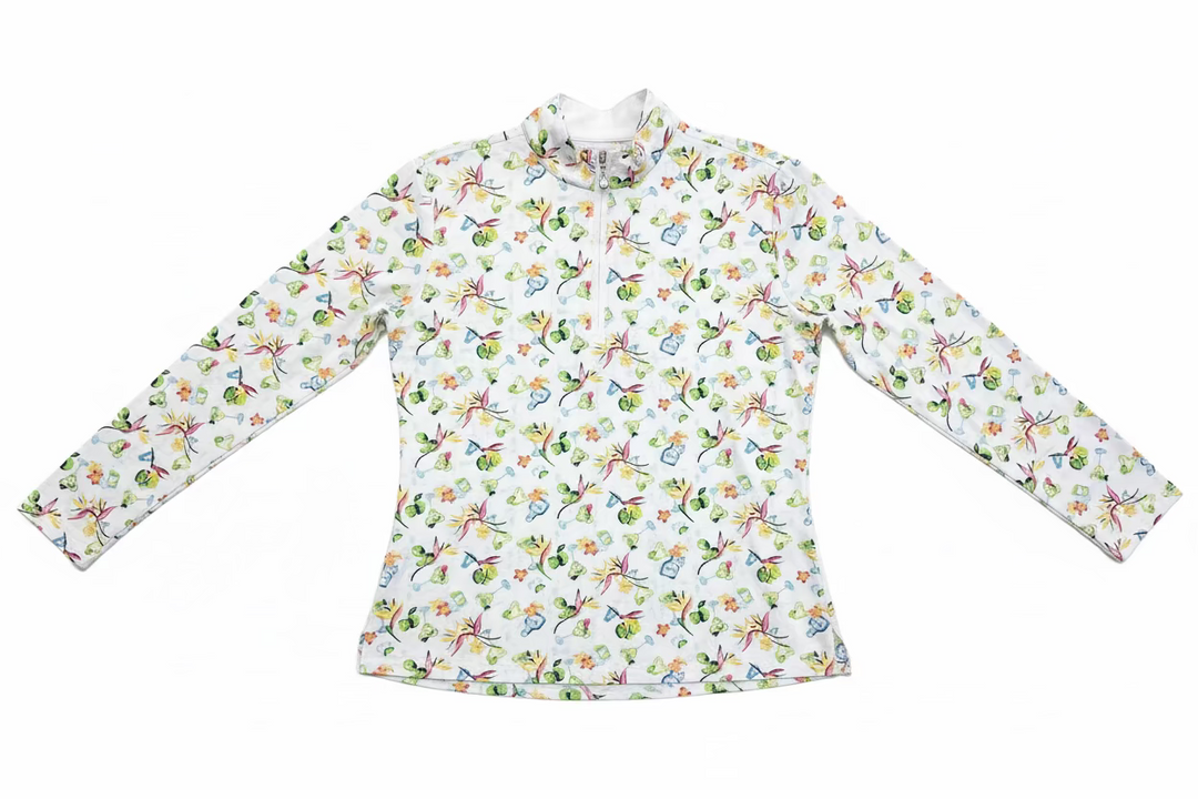 SanSoleil Womens Long Sleeve Margarita Zip Mock -White/Multi
