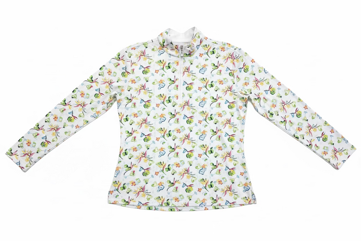 SanSoleil Womens Long Sleeve Margarita Zip Mock -White/Multi