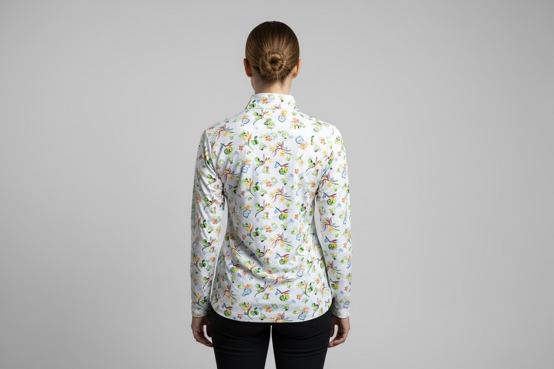 SanSoleil Womens Long Sleeve Margarita Zip Mock -White/Multi