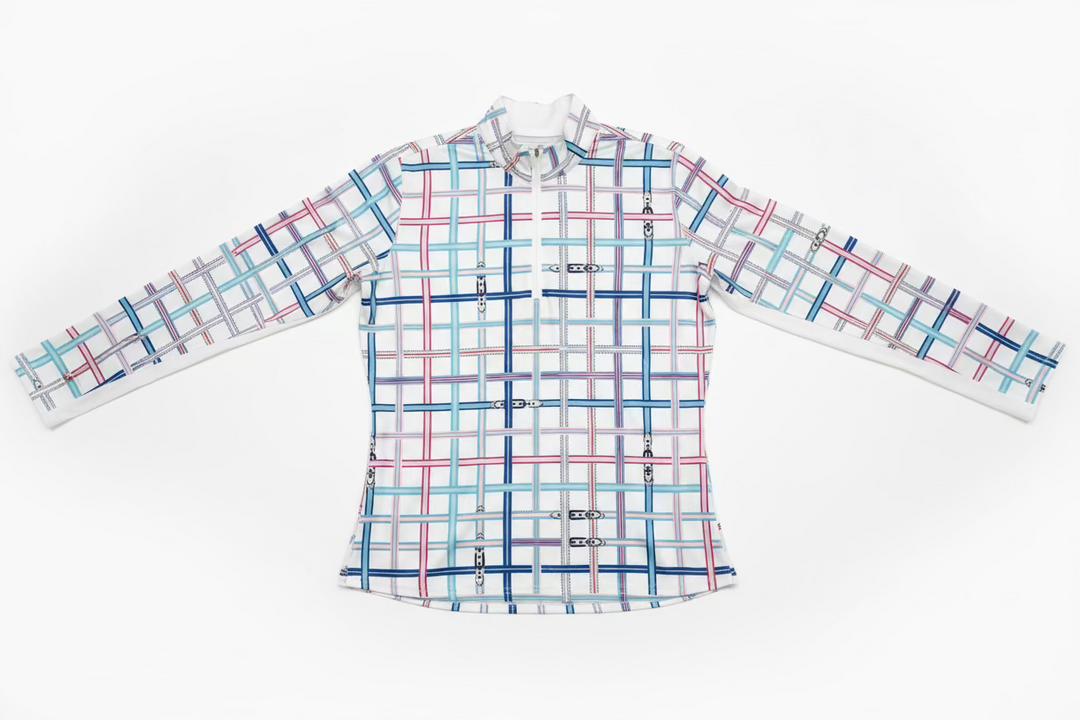 SanSoleil Womens Long Sleeve Checkered Print Zip Mock - White/Multi