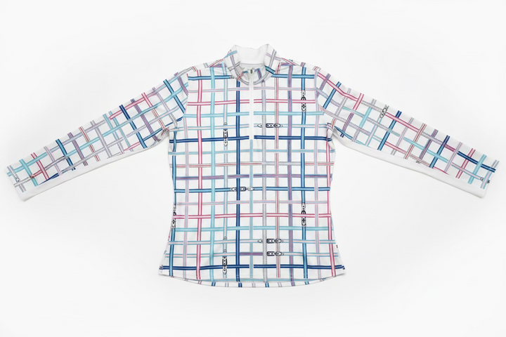 SanSoleil Womens Long Sleeve Checkered Print Zip Mock - White/Multi