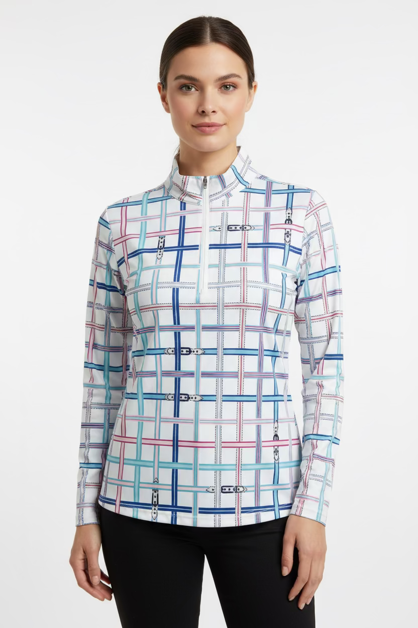 SanSoleil Womens Long Sleeve Checkered Print Zip Mock - White/Multi