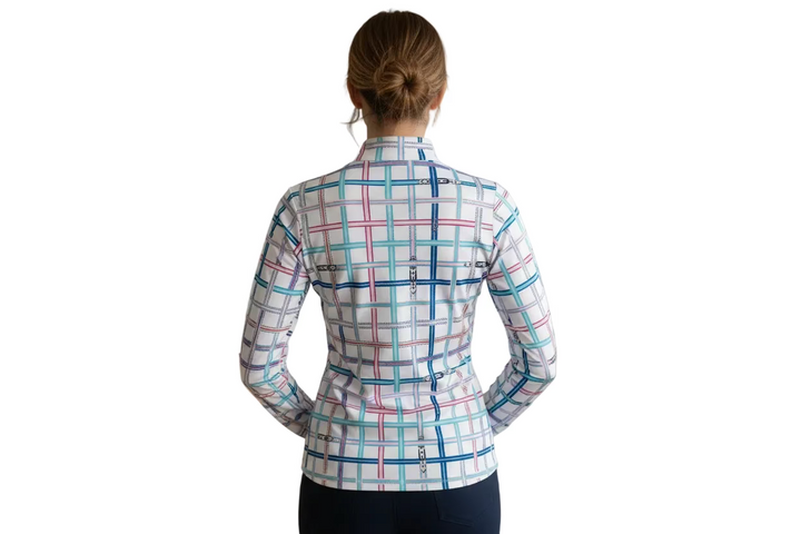 SanSoleil Womens Long Sleeve Checkered Print Zip Mock - White/Multi