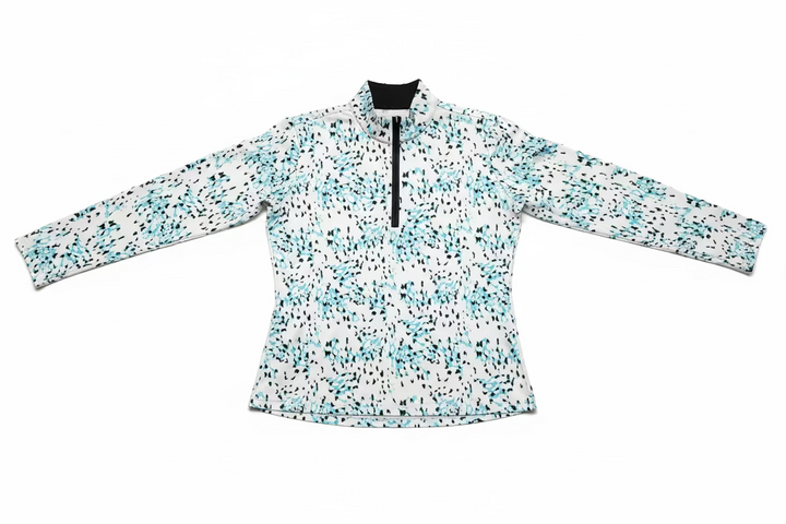 SanSoleil Womens Long Sleeve Pattern Print Zip Mock - White/Multi
