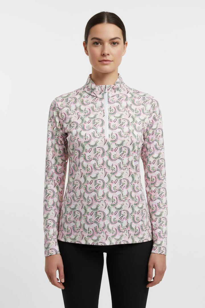 SanSoleil Womens Long Sleeve Paisley Zip Mock - Pale Pink/Multi
