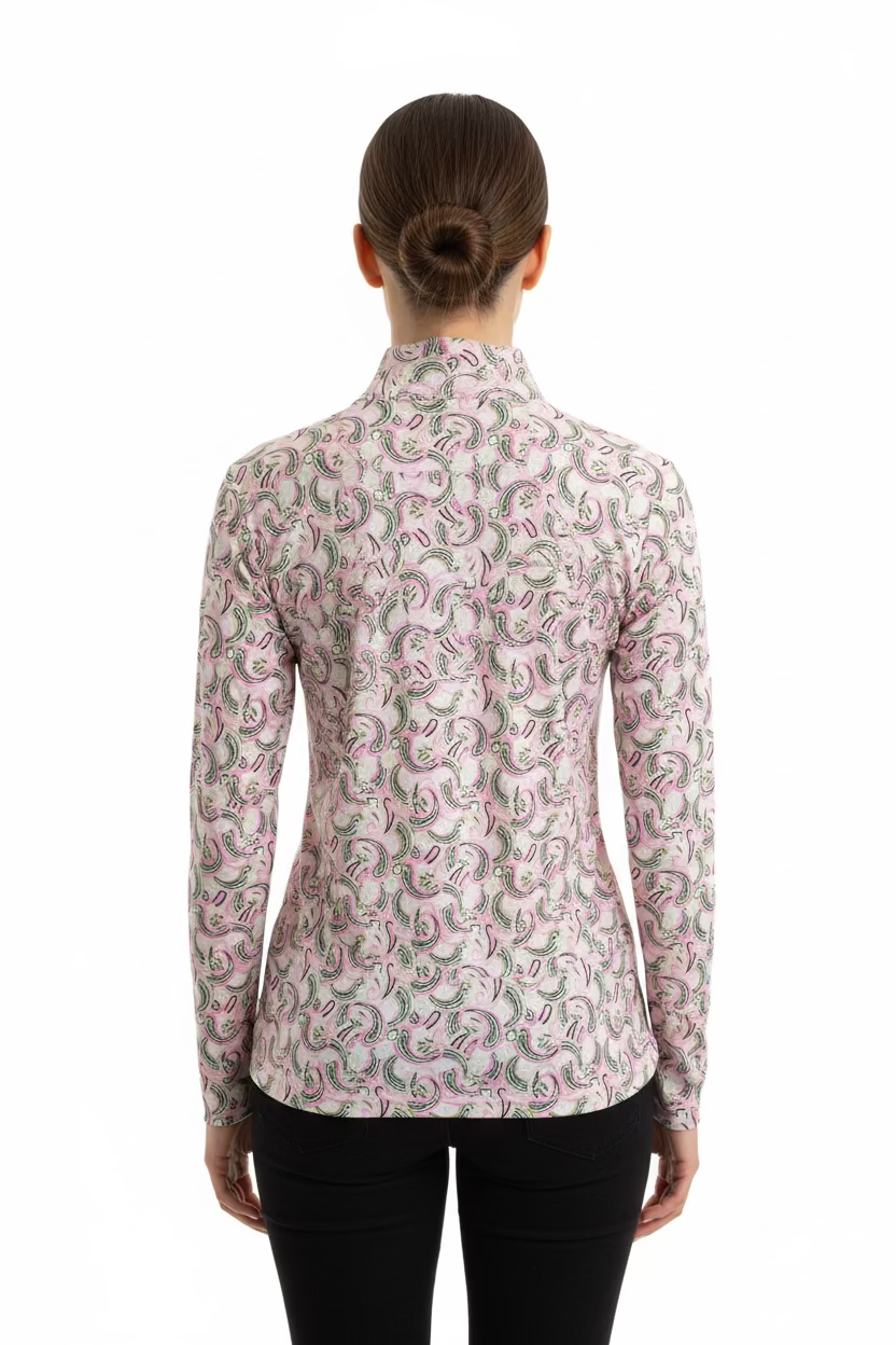 SanSoleil Womens Long Sleeve Paisley Zip Mock - Pale Pink/Multi