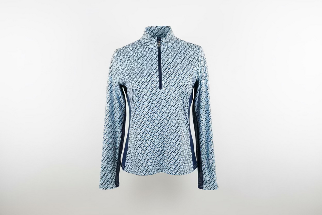 SanSoleil Womens Long Sleeve Pattern Print Zip Mock - Navy/Multi
