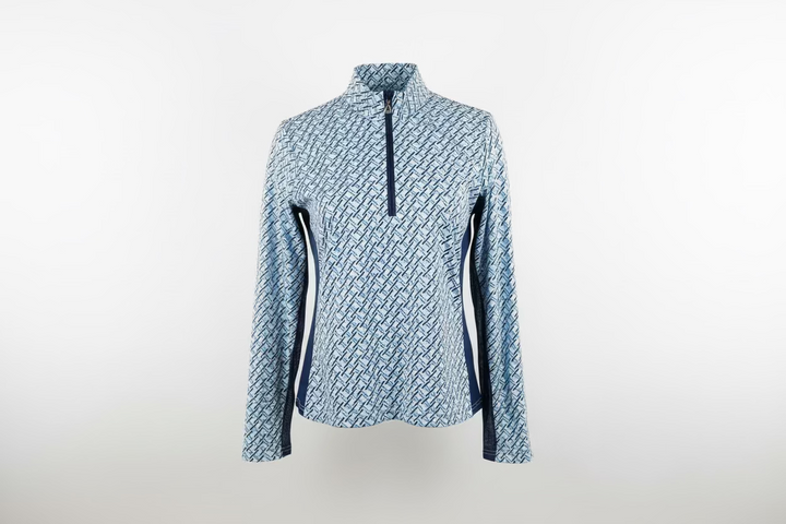 SanSoleil Womens Long Sleeve Pattern Print Zip Mock - Navy/Multi