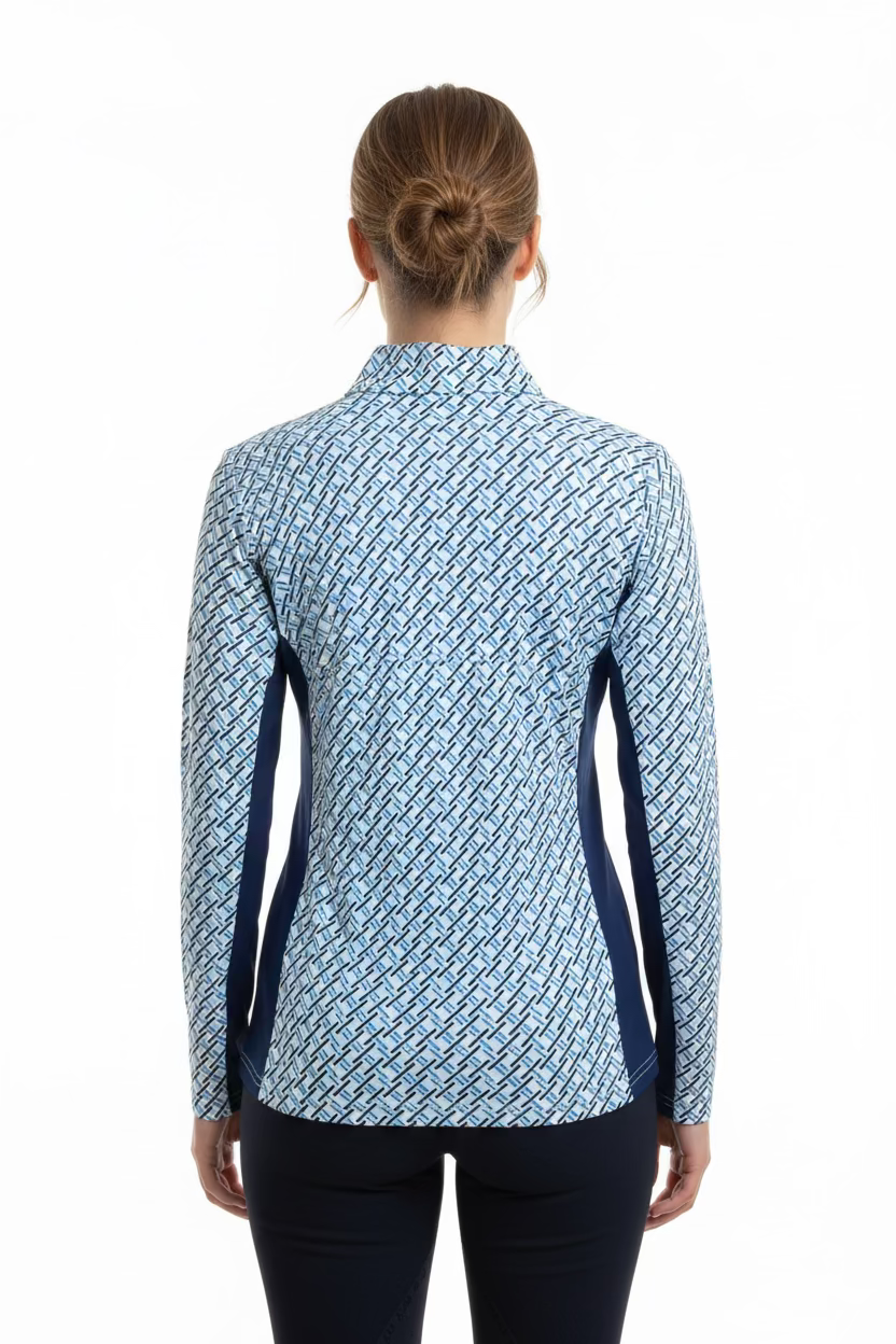 SanSoleil Womens Long Sleeve Pattern Print Zip Mock - Navy/Multi