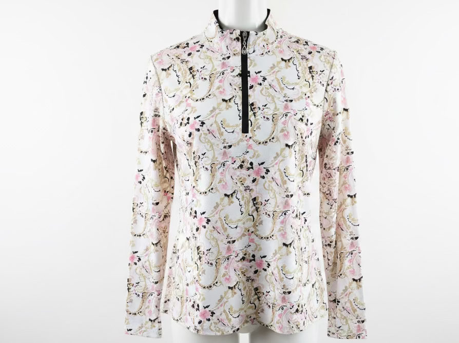 SanSoleil Womens Long Sleeve Floral Paisley Zip Mock - Pink/Multi