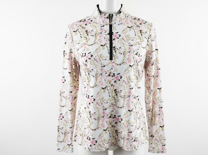 SanSoleil Womens Long Sleeve Floral Paisley Zip Mock - Pink/Multi