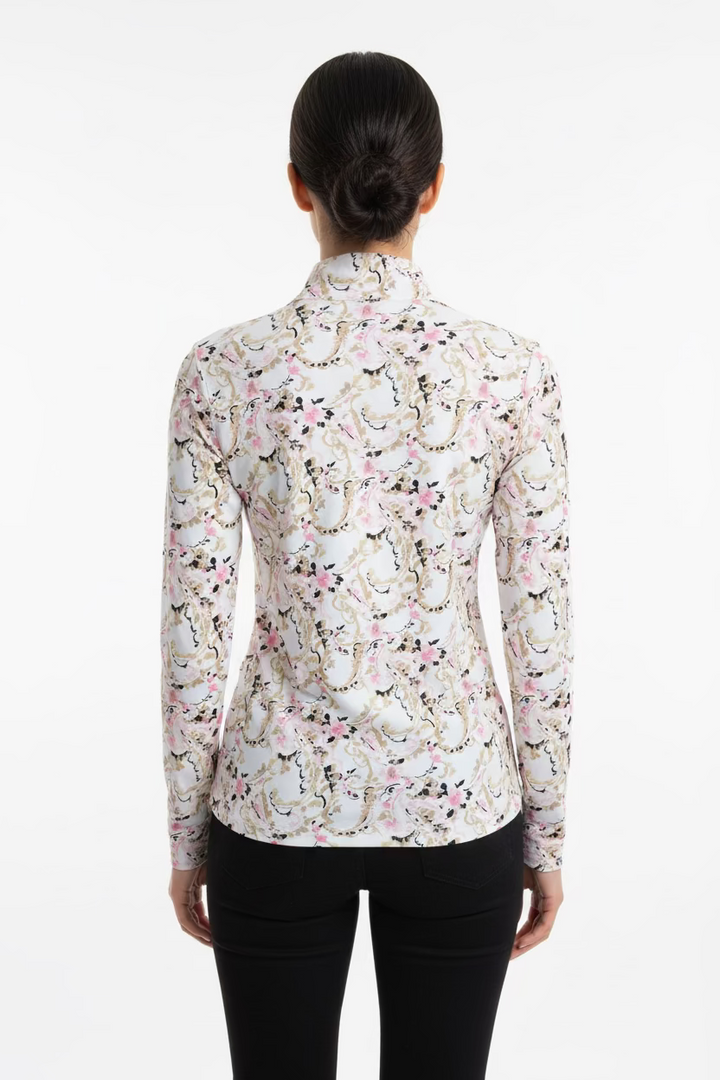 SanSoleil Womens Long Sleeve Floral Paisley Zip Mock - Pink/Multi