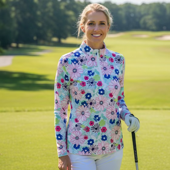 SanSoleil Womens Long Sleeve Floral Zip Mock - White/Multi