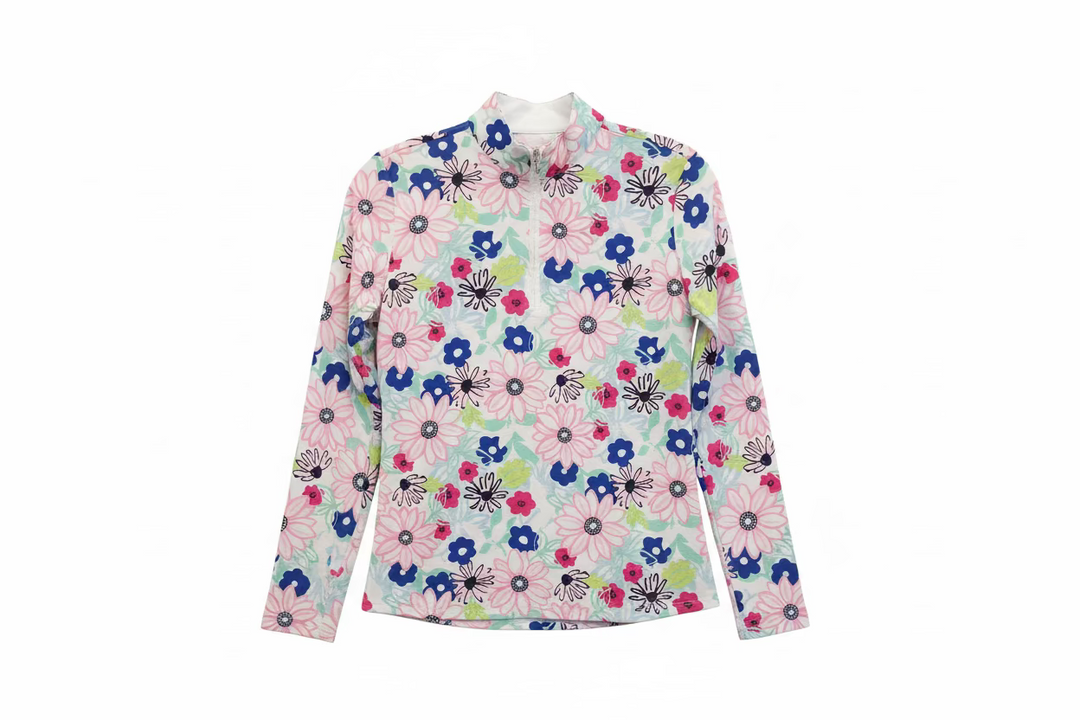 SanSoleil Womens Long Sleeve Floral Zip Mock - White/Multi