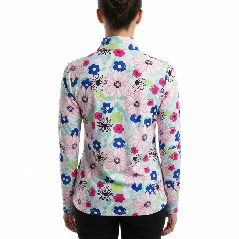 SanSoleil Womens Long Sleeve Floral Zip Mock - White/Multi