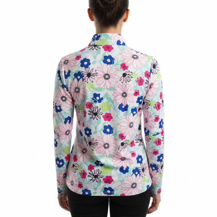 SanSoleil Womens Long Sleeve Floral Zip Mock - White/Multi