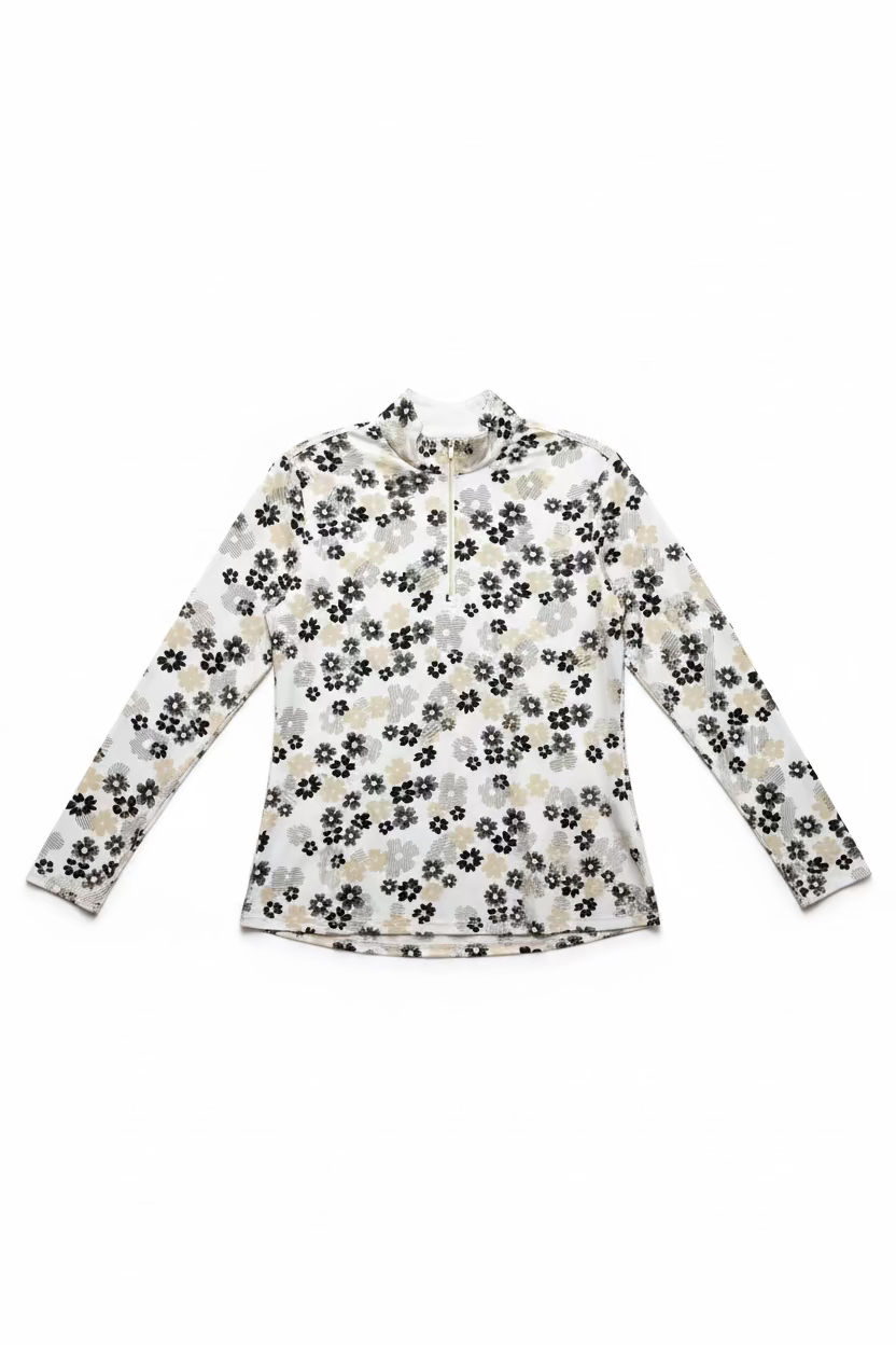 SanSoleil Womens Long Sleeve Foil Flower Zip Mock - Gold/Multicolored