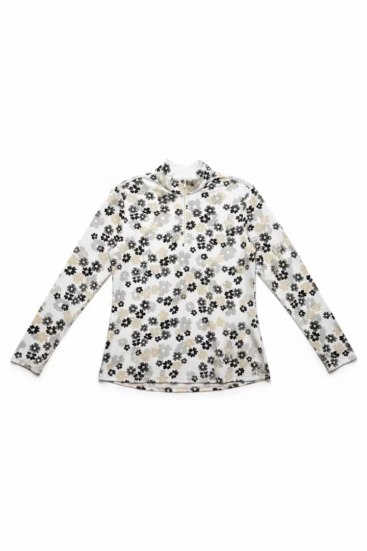 SanSoleil Womens Long Sleeve Foil Flower Zip Mock - Gold/Multicolored
