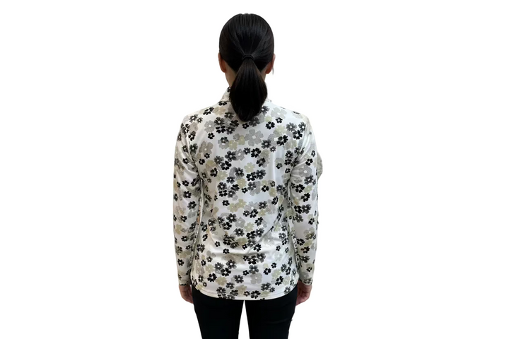 SanSoleil Womens Long Sleeve Foil Flower Zip Mock - Gold/Multicolored