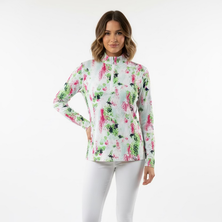 SanSoleil Womens Long Sleeve Pattern Print Zip Mock - Pink/Multi