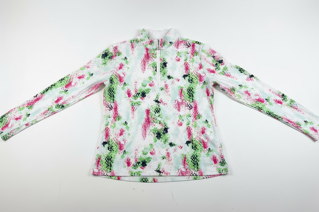 SanSoleil Womens Long Sleeve Pattern Print Zip Mock - Pink/Multi