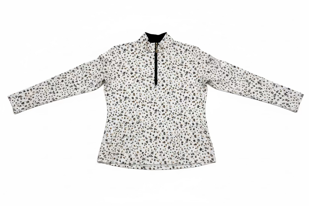 SanSoleil Womens Long Sleeve Floral Zip Mock - White/Multi