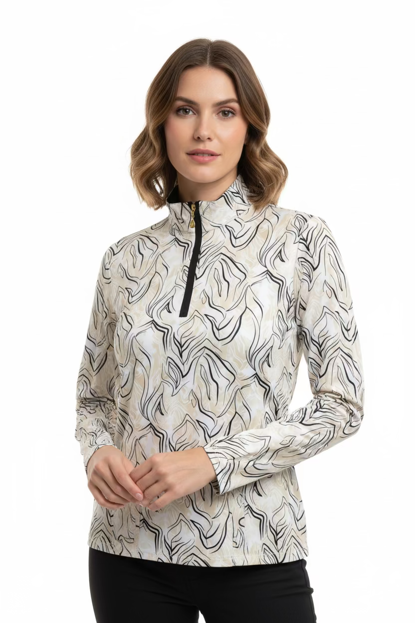 SanSoleil Womens Long Sleeve Pattern Print Zip Mock - Honey/Multi