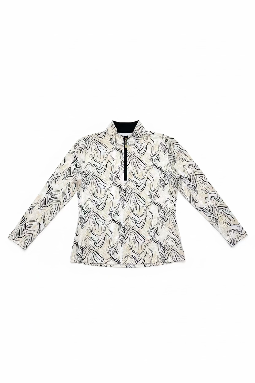 SanSoleil Womens Long Sleeve Pattern Print Zip Mock - Honey/Multi