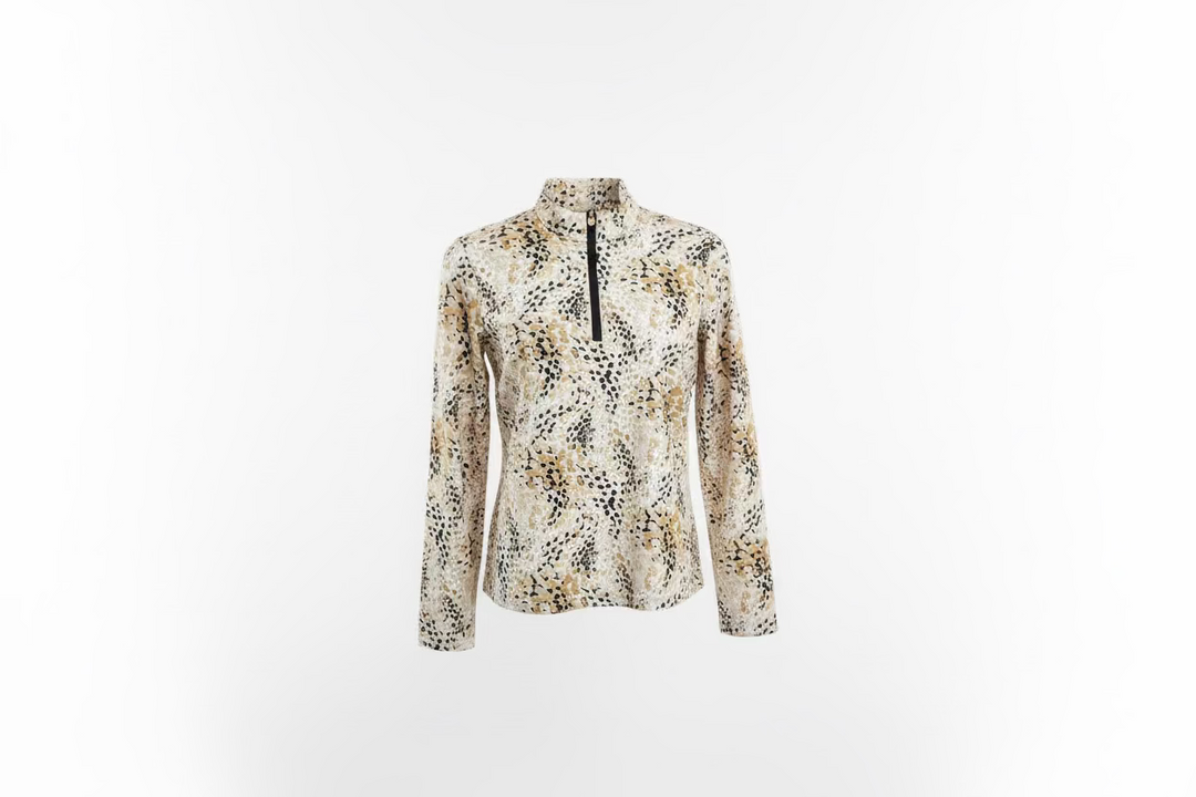 SanSoleil Womens Long Sleeve Animal Print Zip Mock - Honey/Multi