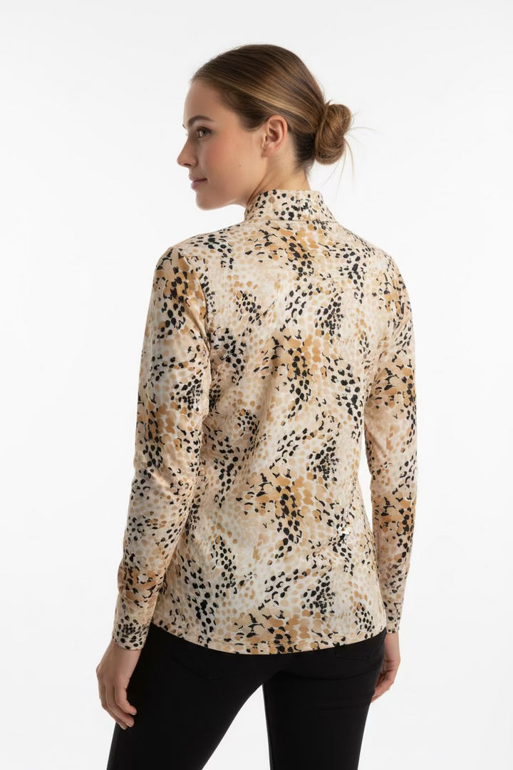 SanSoleil Womens Long Sleeve Animal Print Zip Mock - Honey/Multi