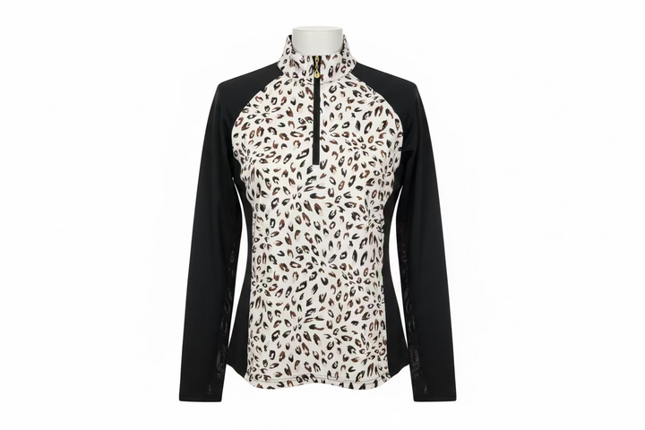 SanSoleil Womens Long Sleeve Animal Print Zip Mock - Black/Multi