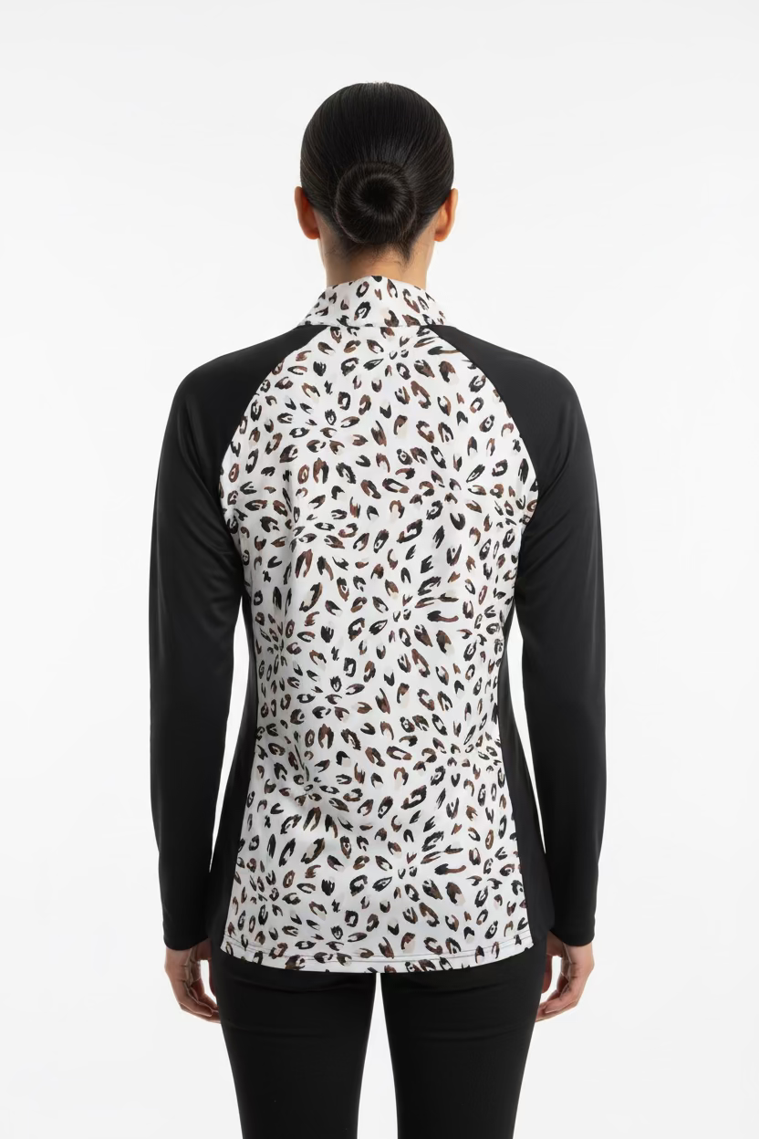 SanSoleil Womens Long Sleeve Animal Print Zip Mock - Black/Multi
