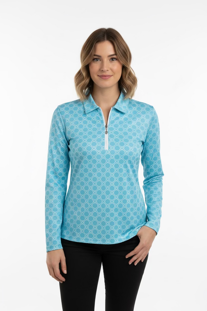 SanSoleil Womens Long Sleeve Pattern Print Zip Polo - Aqua/White