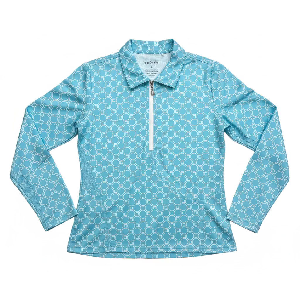 SanSoleil Womens Long Sleeve Pattern Print Zip Polo - Aqua/White