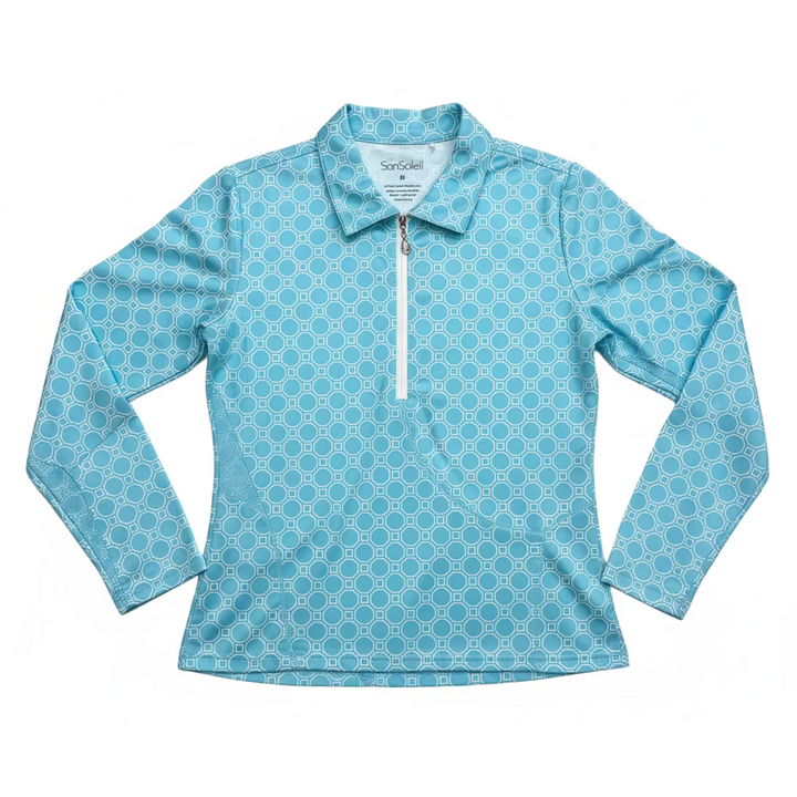 SanSoleil Womens Long Sleeve Pattern Print Zip Polo - Aqua/White