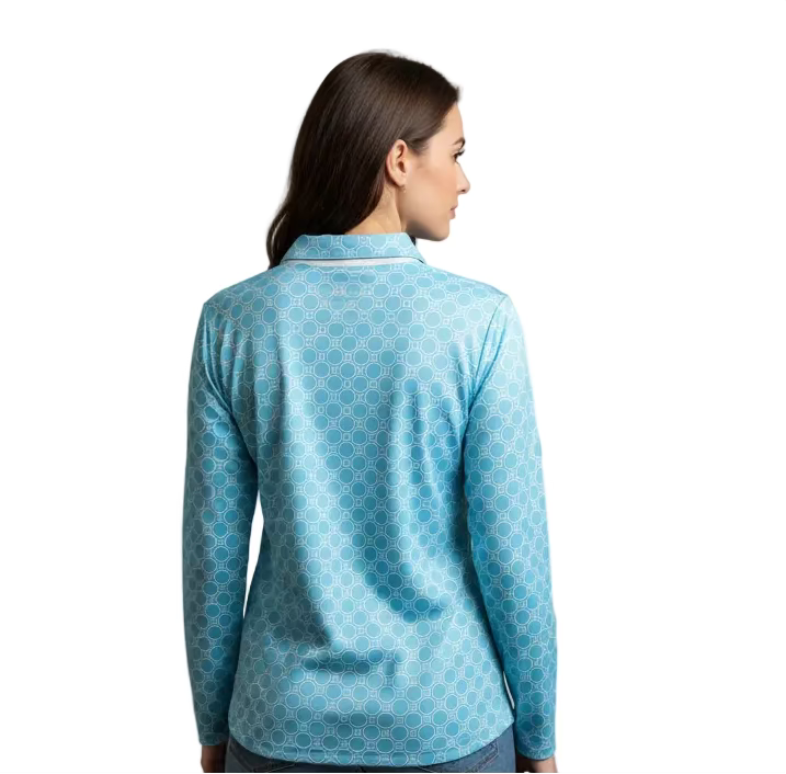 SanSoleil Womens Long Sleeve Pattern Print Zip Polo - Aqua/White